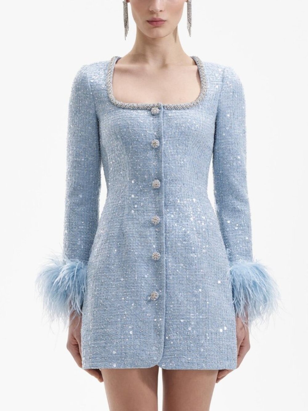 Self-Portrait SS24 Blue Sequin Boucle Feather Mini Dress